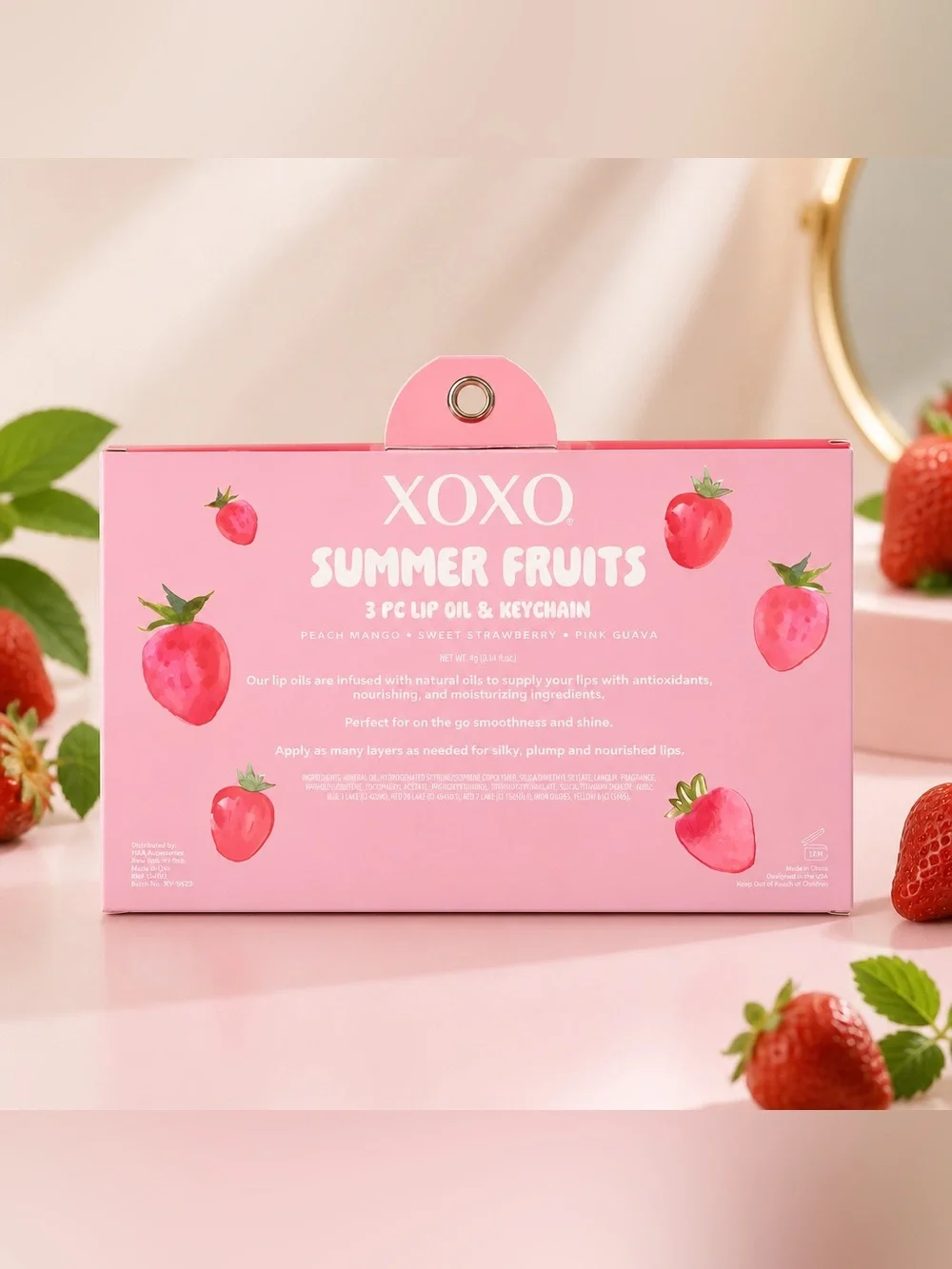 XOXO Summer Fruits 3 Lip Oils & Mini Tote Keychain Set
